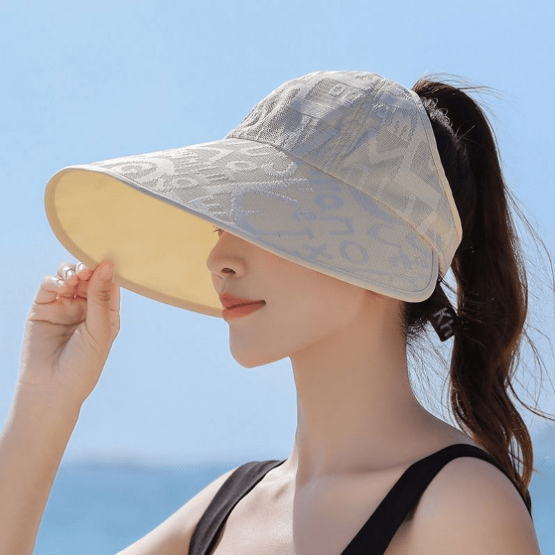 Letter Jacquard Ponytail Visor Hat Wide Brim UV Protection Sun Hat