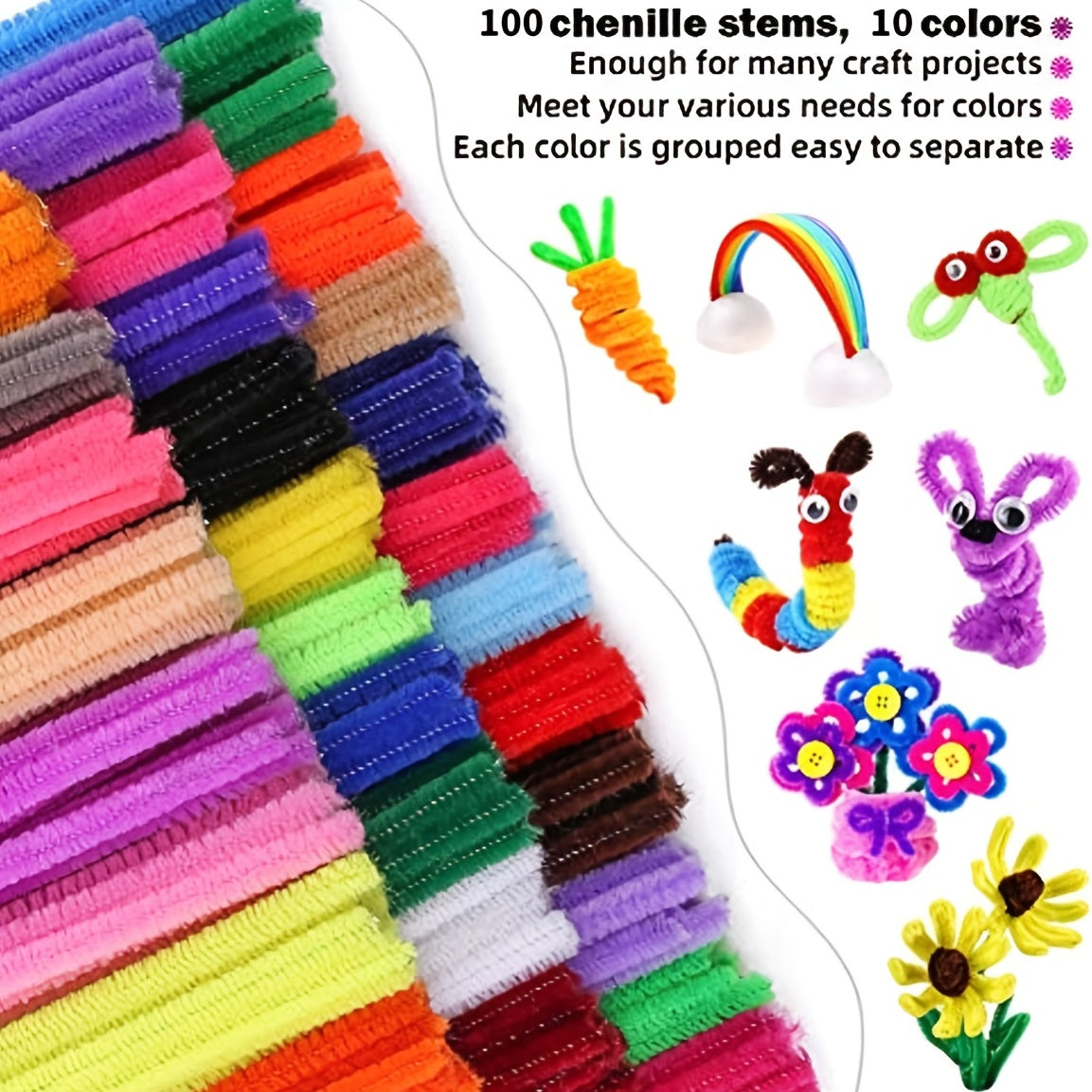 Pipe Cleaners Craft Chenille Stems 100pcs Assorted Colors 6mm X 12in