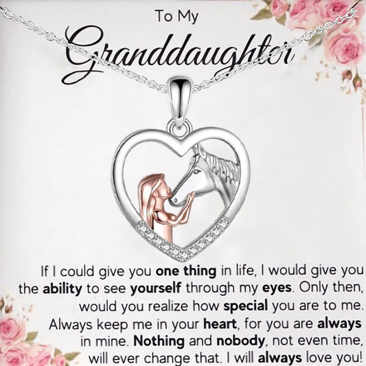 Girl's To My Granddaughter Girl And Horse Heart Pendant Necklace Card Jewelry