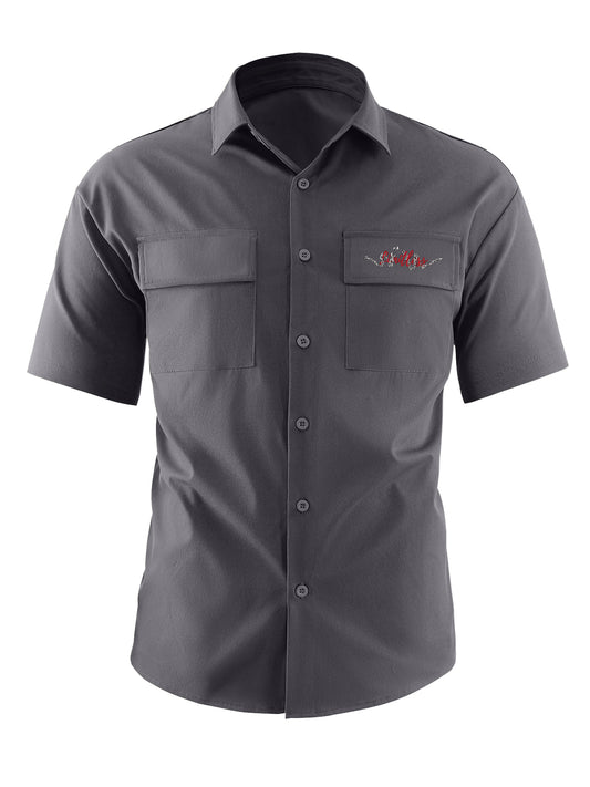Letter & Baseball Bear Print Casual Short Sleeve Shirt with Chest Pockets