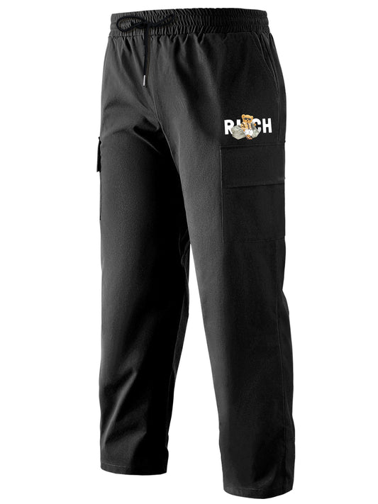Fishbone Teddy Bear Print Cargo Pants Men's Drawstring Cargo Pants