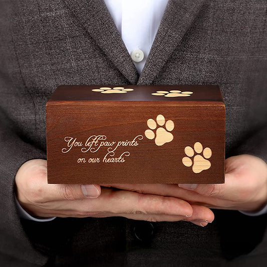 Wooden Pet Urn With Paw Pattern - Memorial Keepsake for Beloved Pet