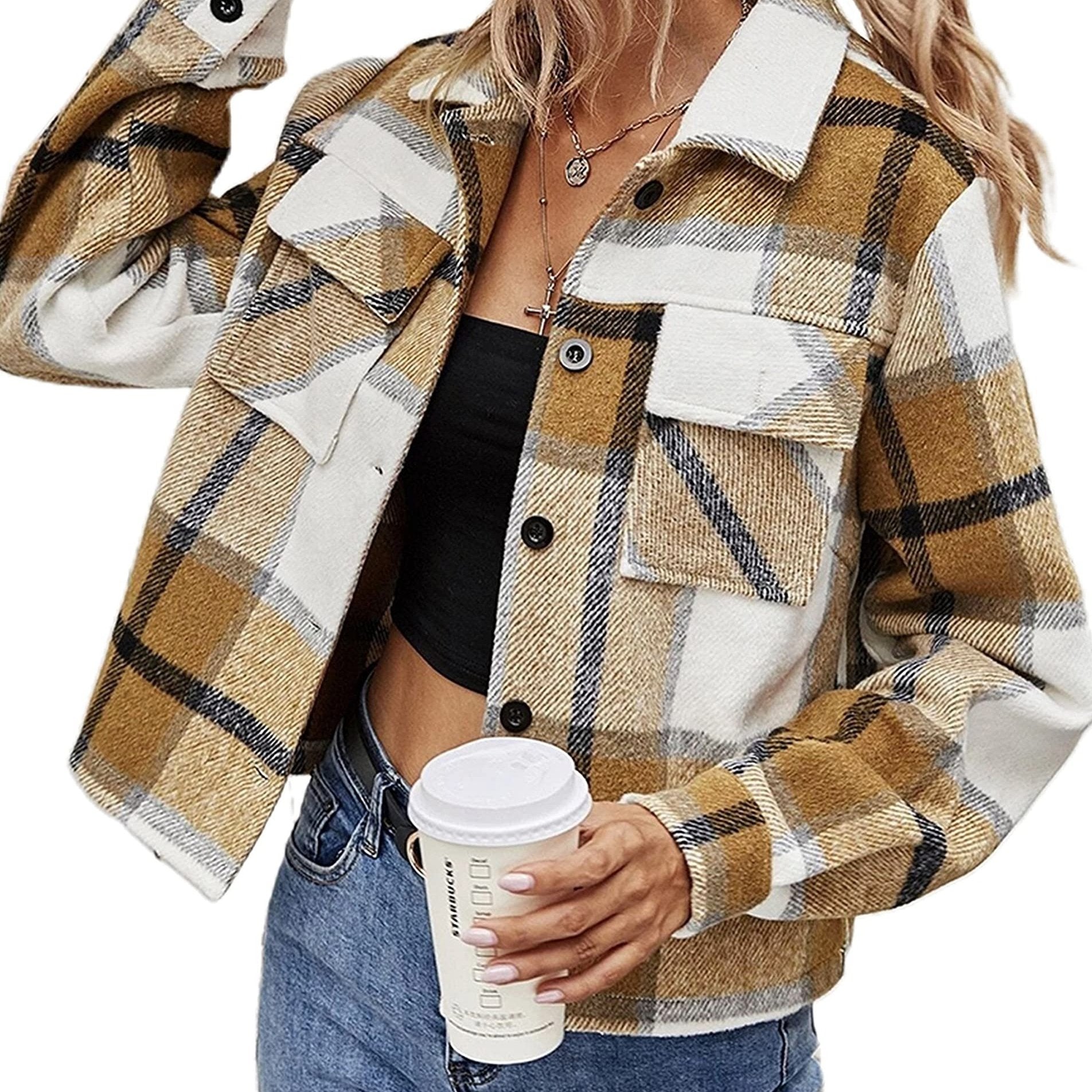 Plaid Trucker Jacket with Flap Pockets for Women