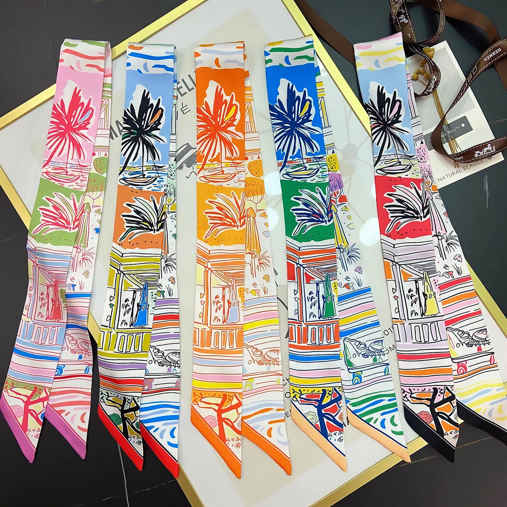 Colorful Graffiti Print Skinny Scarf Long Ribbon Neckerchief Satin
