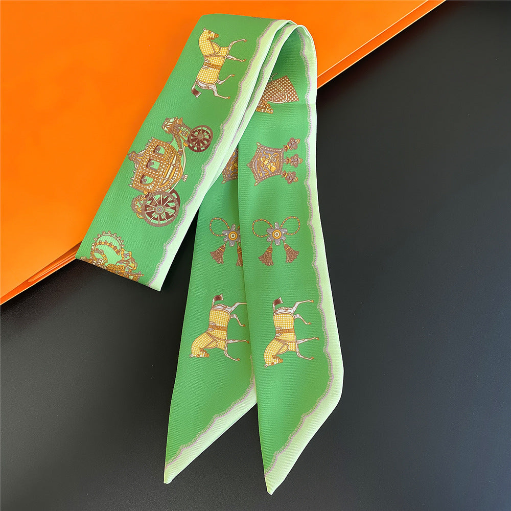 Horse Print Skinny Scarf Tassel Neckerchief Satin Ribbon Twilly Scarves