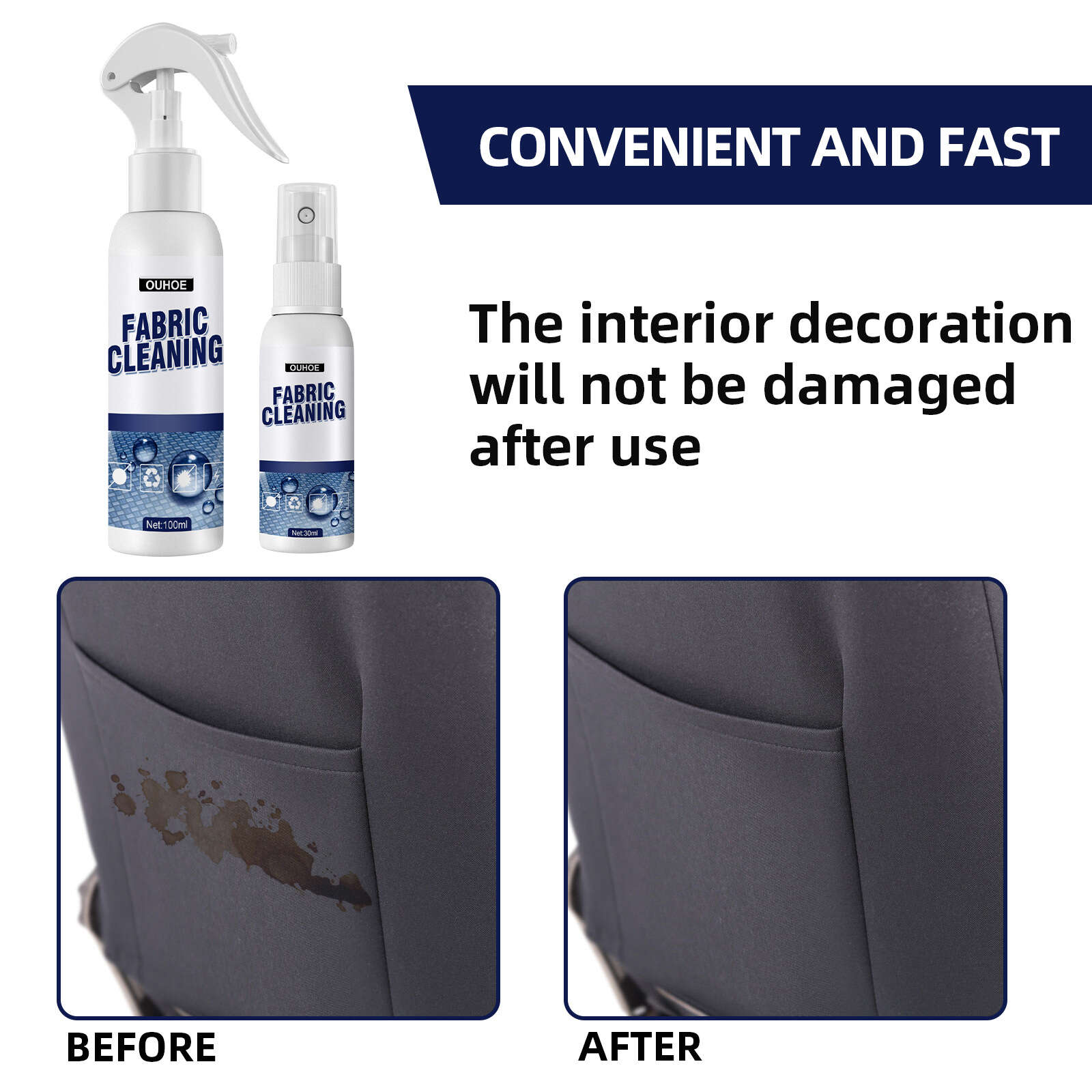 Car Fabric Cleaning Spray - Stain Remover for Interior, Ceiling, Velvet, Leather