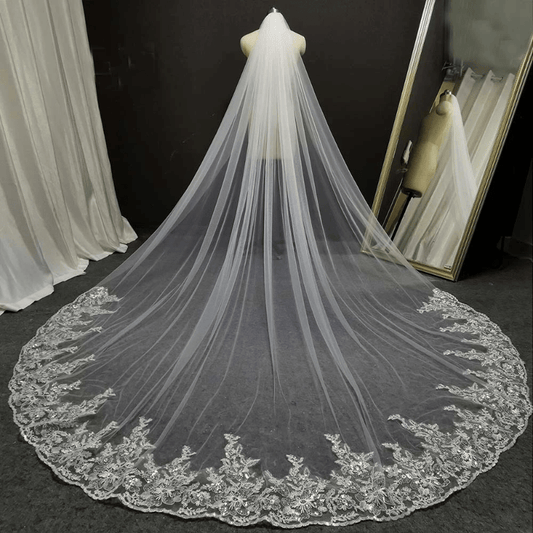 Long Head Veil Comb Bridal Mesh Veil Lace Edge Ivory Wedding