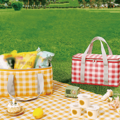 Portable Plaid Picnic Basket With 2 Ice Pack Insulated Cooler Box Picnic Bag