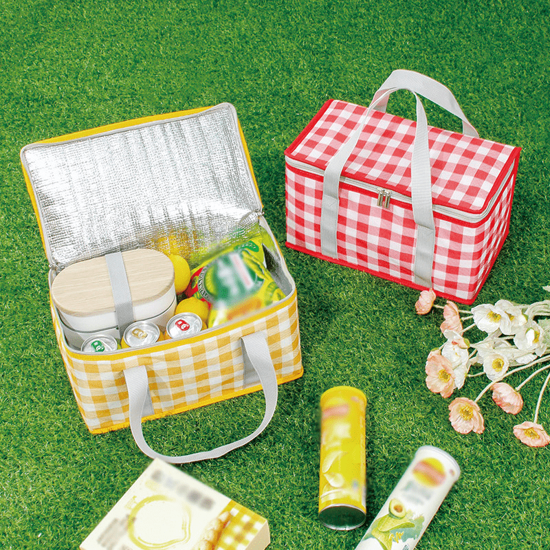 Portable Plaid Picnic Basket With 2 Ice Pack Insulated Cooler Box Picnic Bag