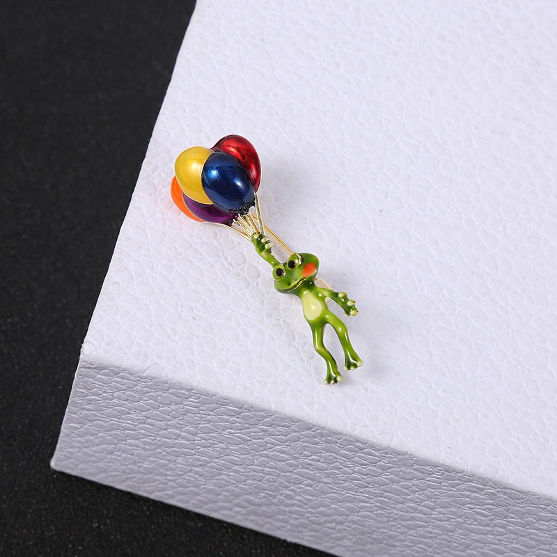 Colorful Enamel Frog Balloon Brooch Pin Unisex Jewelry