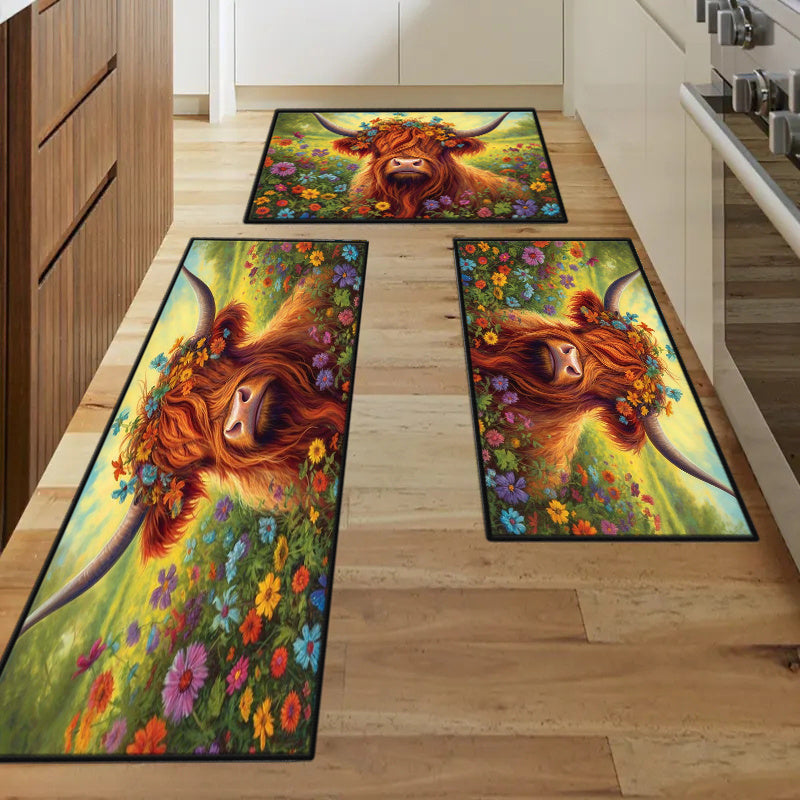 Highland Cow Floor Mat Modern Kitchen Rug Non Slip Colorful Indoor Carpet