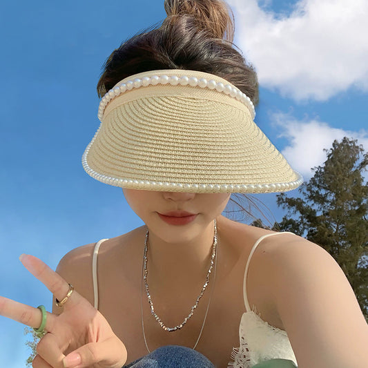 Wide Brim Straw Sun Hat with Faux Pearl Decor