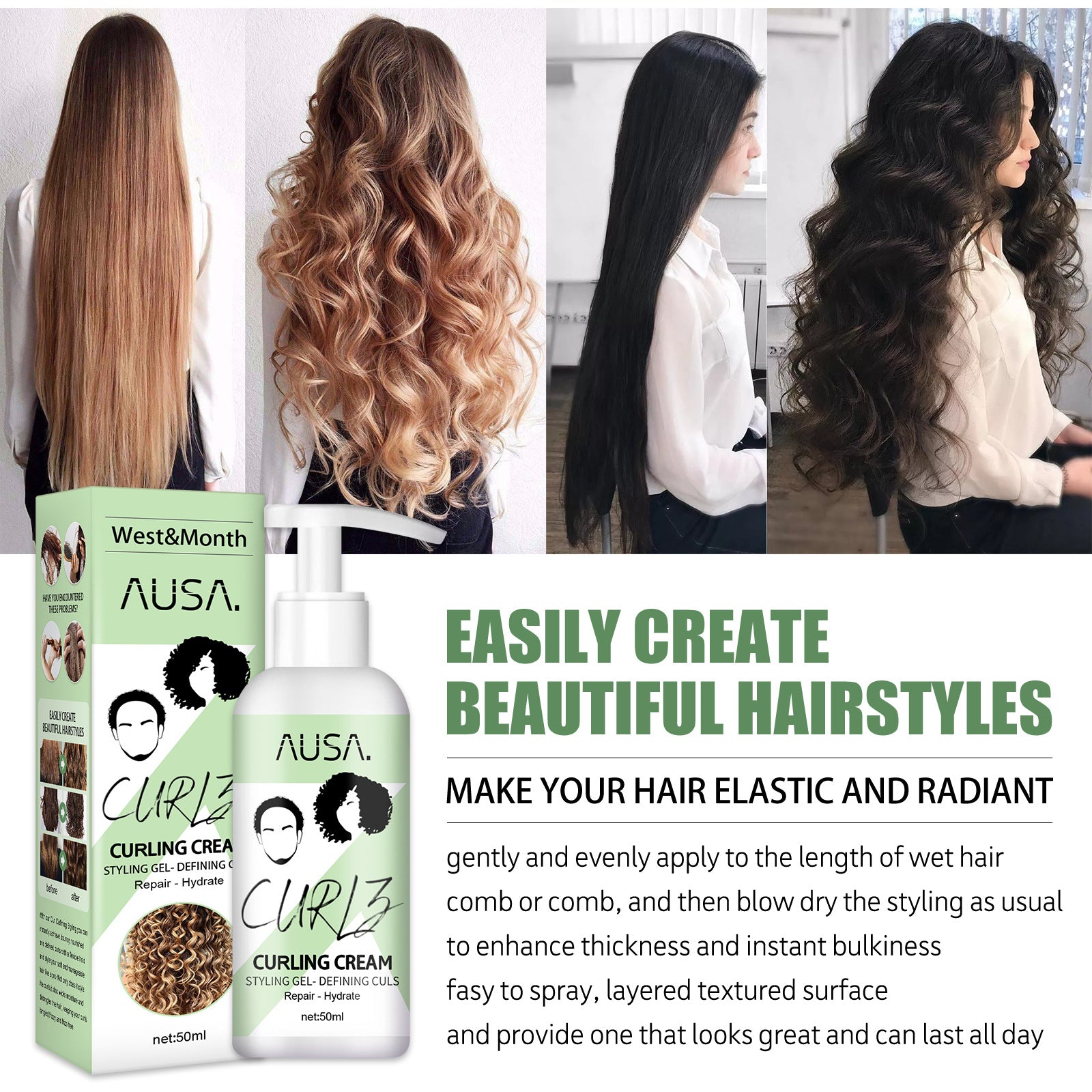 50ml Moisturizing Curly Hair Styling Cream for Frizz-Free Curls
