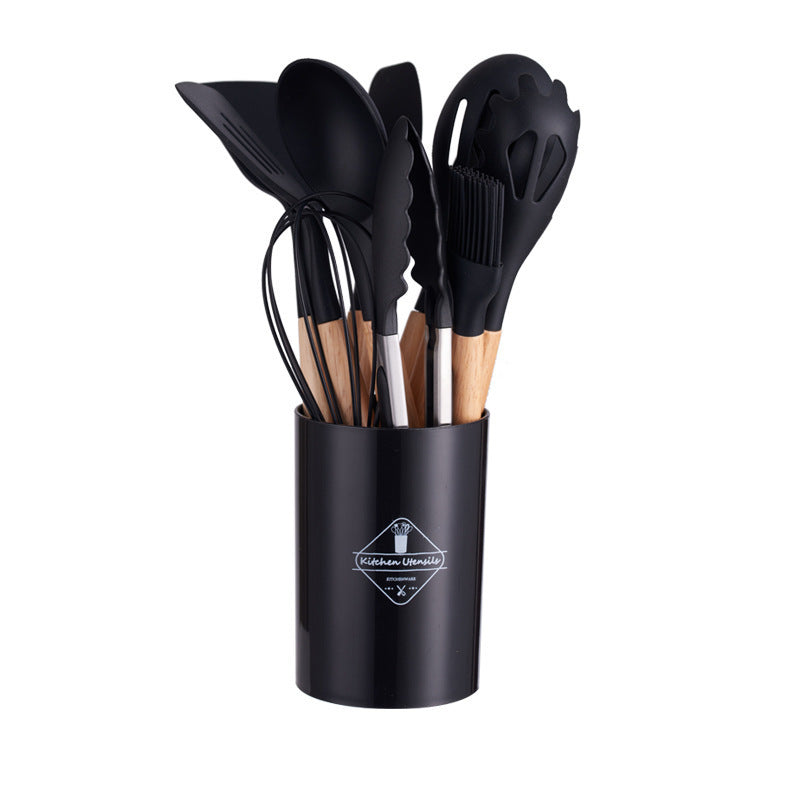 12pc Silicone Kitchen Utensil Set Wooden Handles Non Stick Spoon Spatula