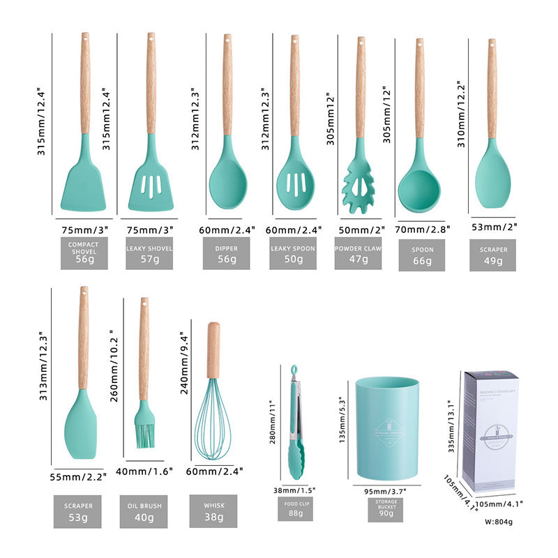 12pc Silicone Kitchen Utensil Set Wooden Handles Non Stick Spoon Spatula
