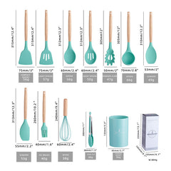 12pc Silicone Kitchen Utensil Set Wooden Handles Non Stick Spoon Spatula