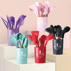 12pc Silicone Kitchen Utensil Set Wooden Handles Non Stick Spoon Spatula