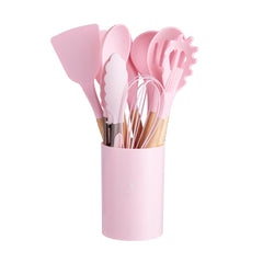 12pc Silicone Kitchen Utensil Set Wooden Handles Non Stick Spoon Spatula