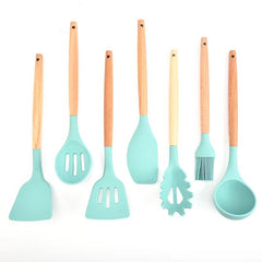 7pcs Silicone Kitchen Utensils with Wooden Handles Set