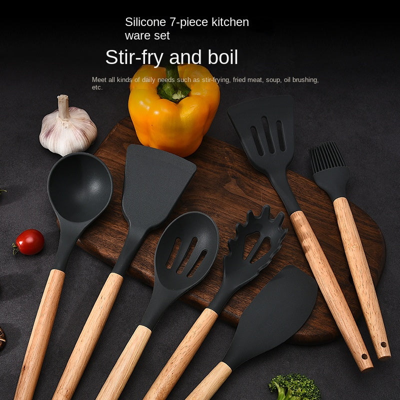 7pcs Silicone Kitchen Utensils with Wooden Handles Set