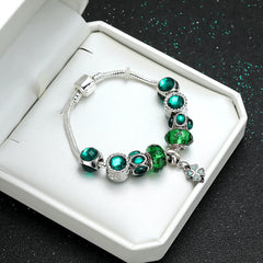 Four Clover Women Silvery Bracelet Green Stone DIY Bead Bangle