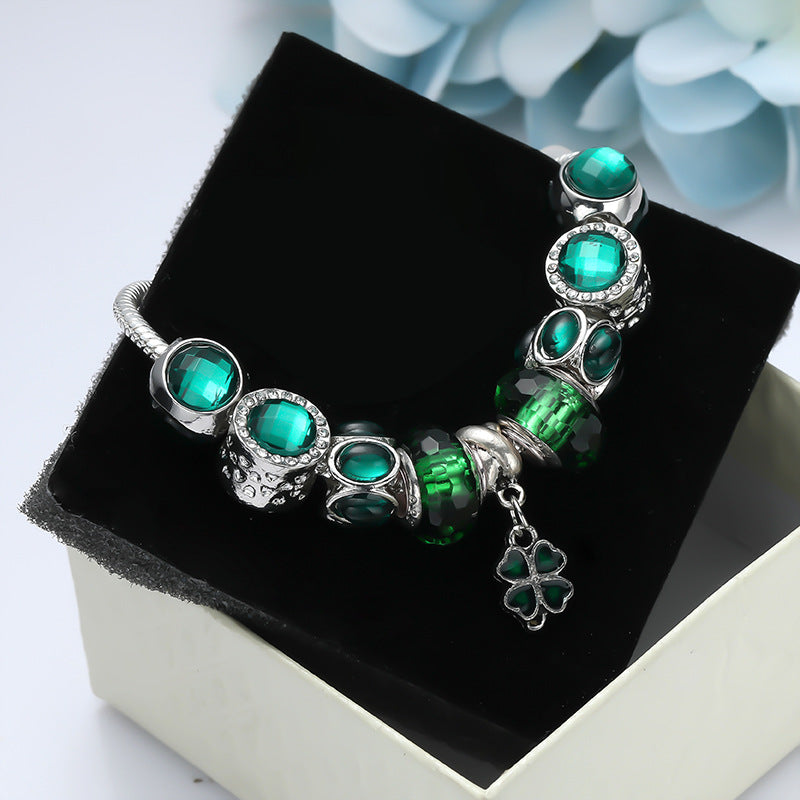 Four Clover Women Silvery Bracelet Green Stone DIY Bead Bangle