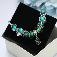 Four Clover Women Silvery Bracelet Green Stone DIY Bead Bangle