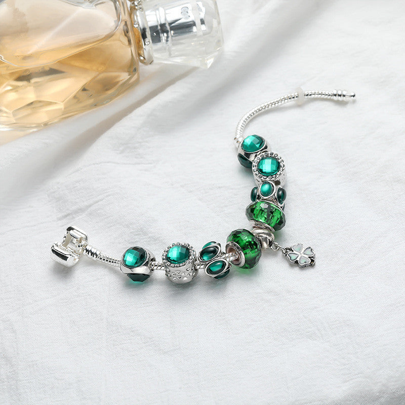 Four Clover Women Silvery Bracelet Green Stone DIY Bead Bangle