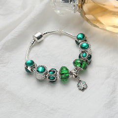 Four Clover Women Silvery Bracelet Green Stone DIY Bead Bangle