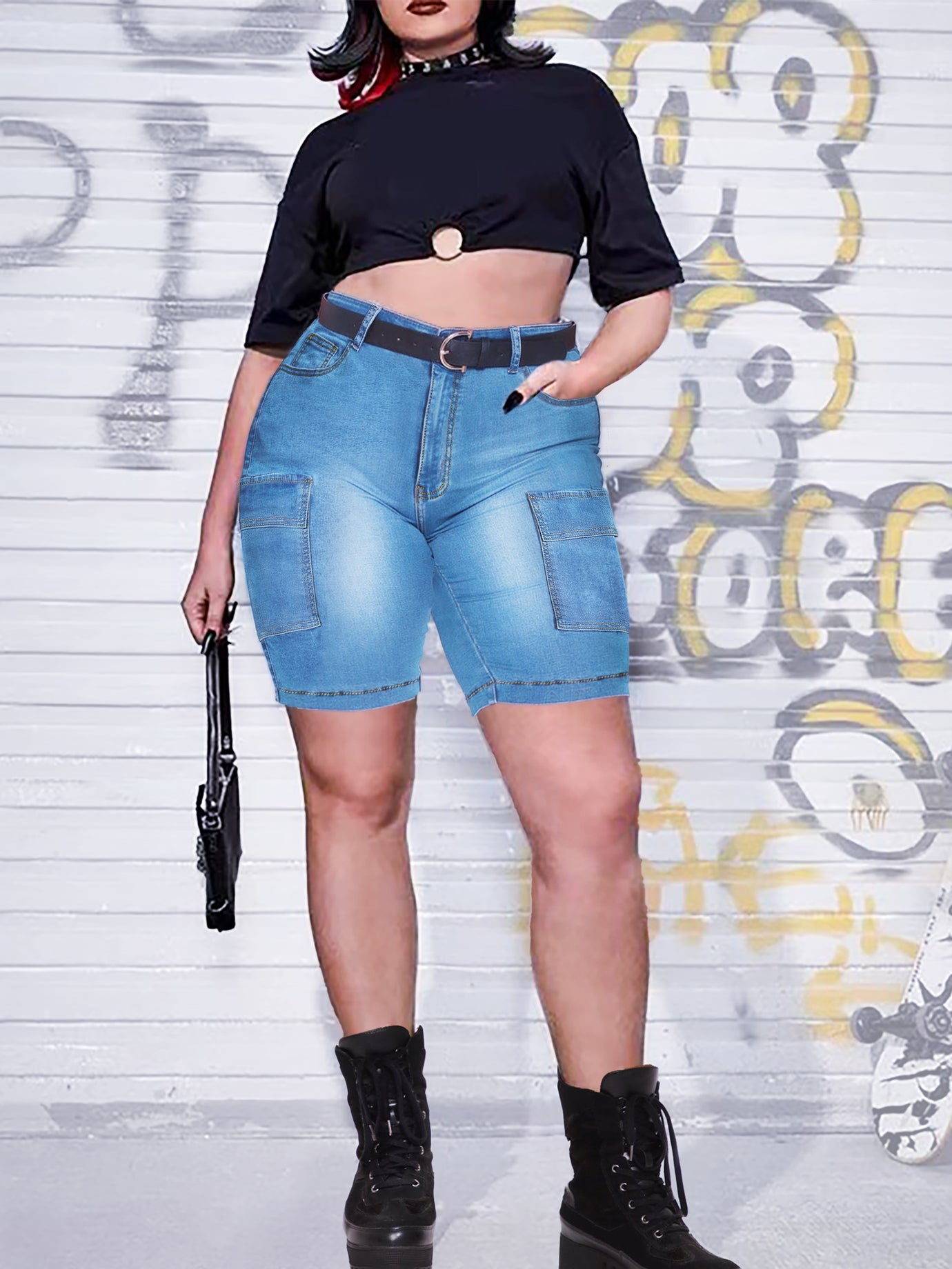 Women's Plus Washed Button Fly Denim Shorts With Flap Pockets