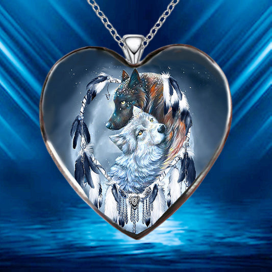 Colorful Heart Wolf Necklace Animal Pendant Girls Jewelry