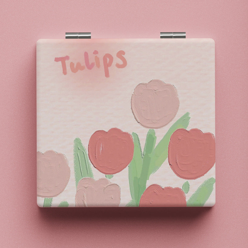 Tulip Pattern Vanity Mirror Double Sided Foldable Mini Makeup Vanity Mirror