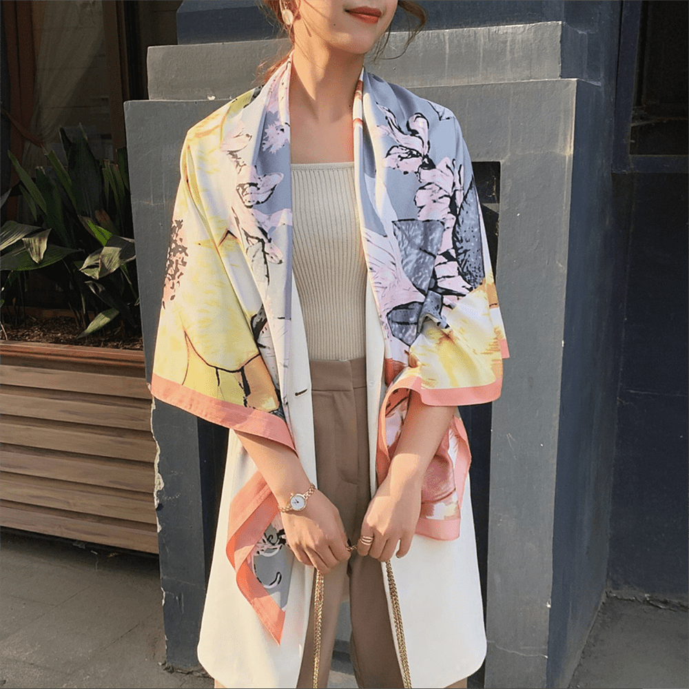 Print Twill Silk Square Scarf Windproof Large Shawl