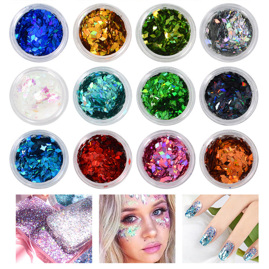 12Pcs Nail Glitter Holographic Makeup Face Hair Glitter
