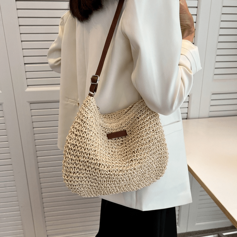 Straw Woven Zipper Hobo Crossbody Bag Decorative Shoulder Bag