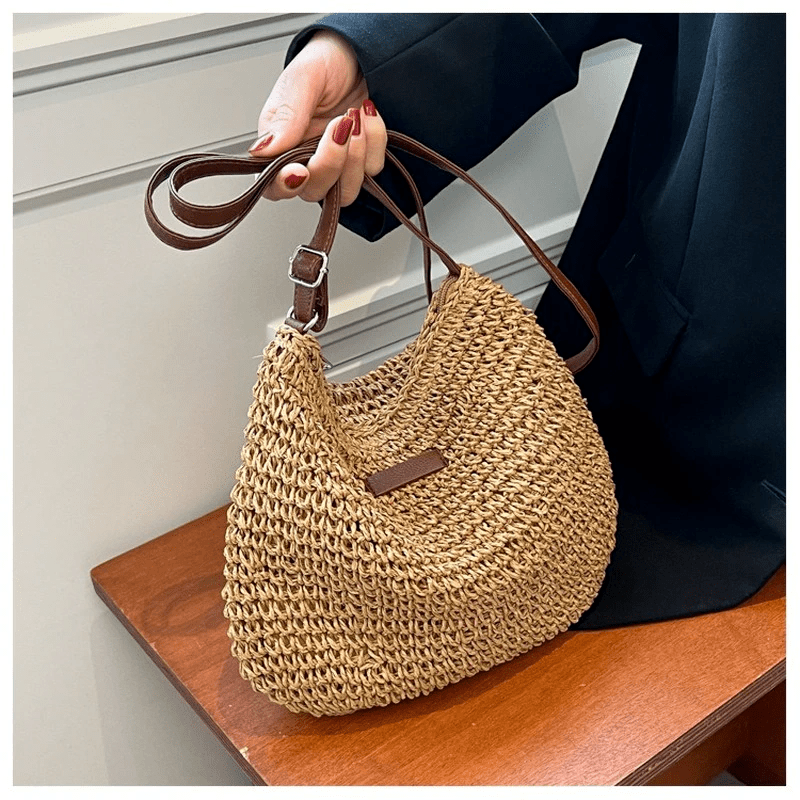 Straw Woven Zipper Hobo Crossbody Bag Decorative Shoulder Bag