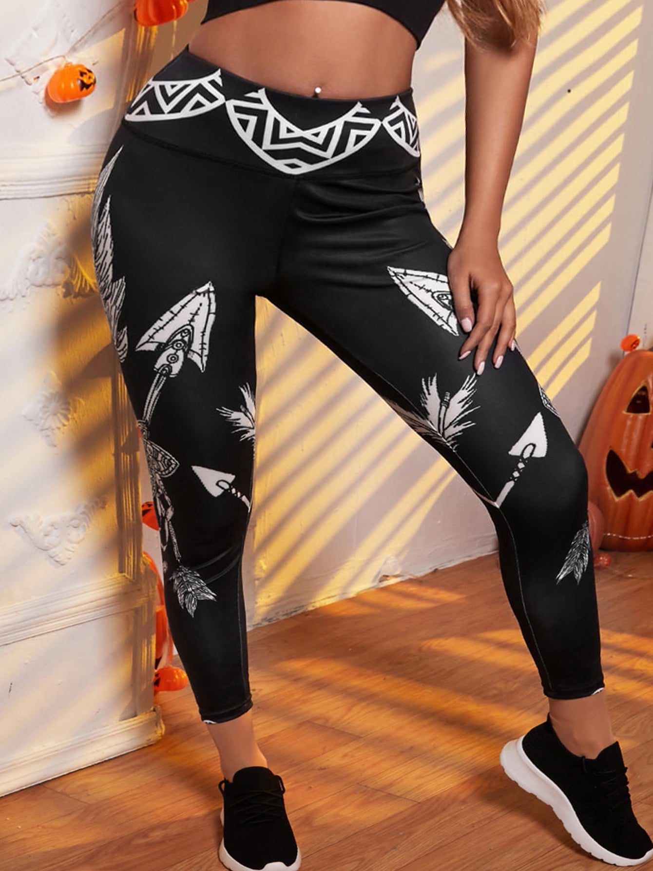  Graphic Print Wide Band Waist High Rise Fitness Leggings