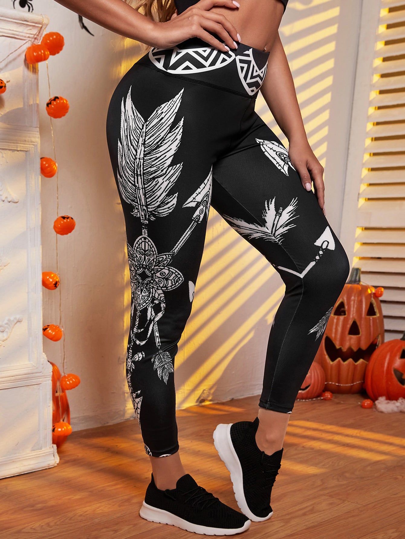  Graphic Print Wide Band Waist High Rise Fitness Leggings