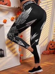  Graphic Print Wide Band Waist High Rise Fitness Leggings