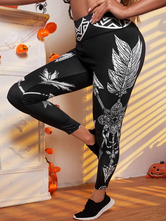  Graphic Print Wide Band Waist High Rise Fitness Leggings