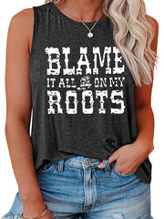  Casual Tank Top Women's Plus Slogan Print Round Neck Stretch Tank Top