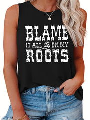 Casual Tank Top Women's Plus Slogan Print Round Neck Stretch Tank Top