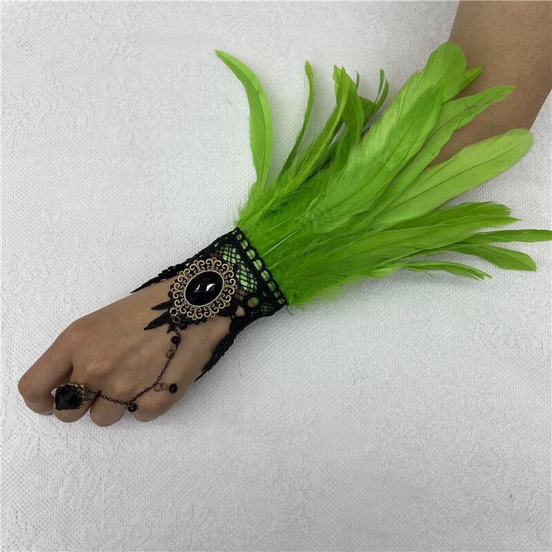 Vintage Lace Feather Cuff Gothic Mesh Gloves Crystal Wrist Cuffs