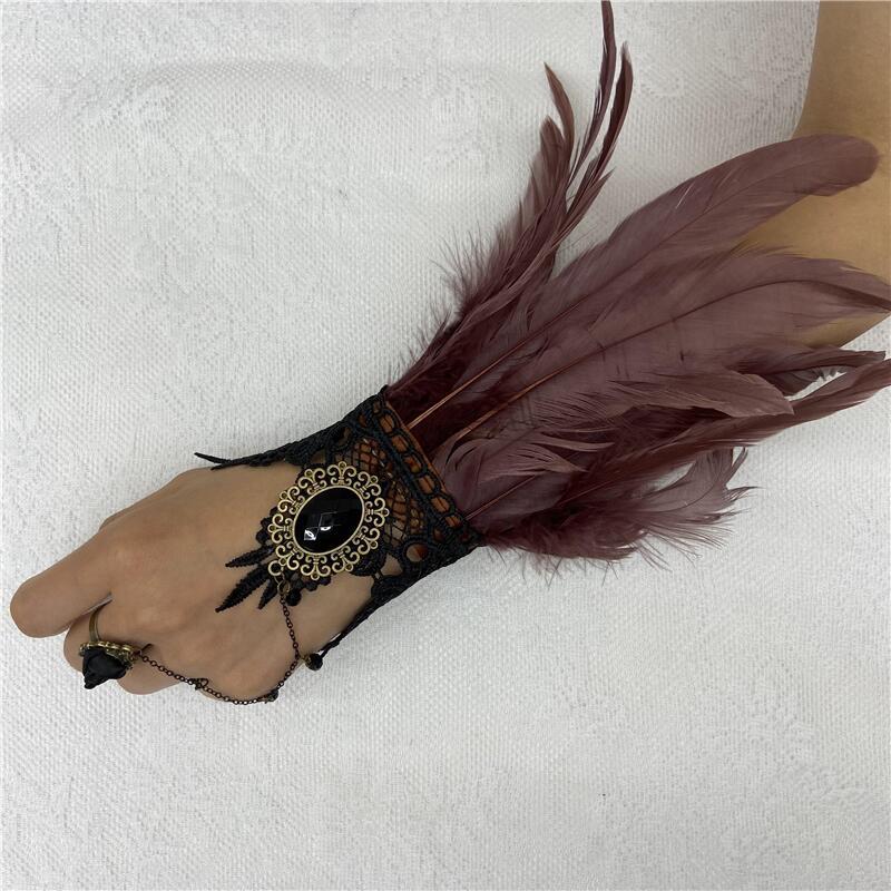 Vintage Lace Feather Cuff Gothic Mesh Gloves Crystal Wrist Cuffs