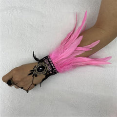 Vintage Lace Feather Cuff Gothic Mesh Gloves Crystal Wrist Cuffs