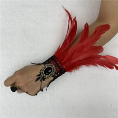 Vintage Lace Feather Cuff Gothic Mesh Gloves Crystal Wrist Cuffs