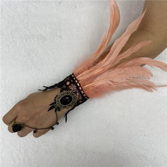 Vintage Lace Feather Cuff Gothic Mesh Gloves Crystal Wrist Cuffs