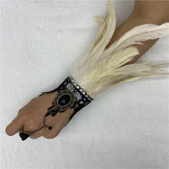 Vintage Lace Feather Cuff Gothic Mesh Gloves Crystal Wrist Cuffs