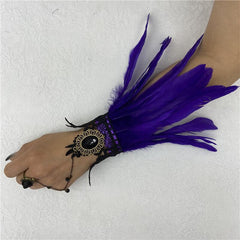 Vintage Lace Feather Cuff Gothic Mesh Gloves Crystal Wrist Cuffs
