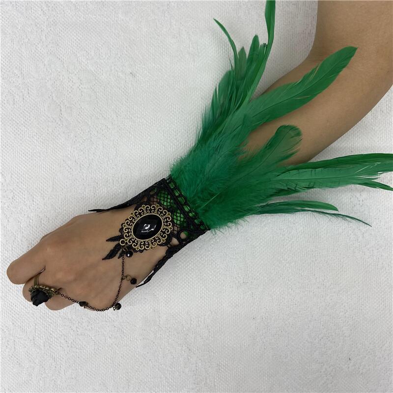 Vintage Lace Feather Cuff Gothic Mesh Gloves Crystal Wrist Cuffs